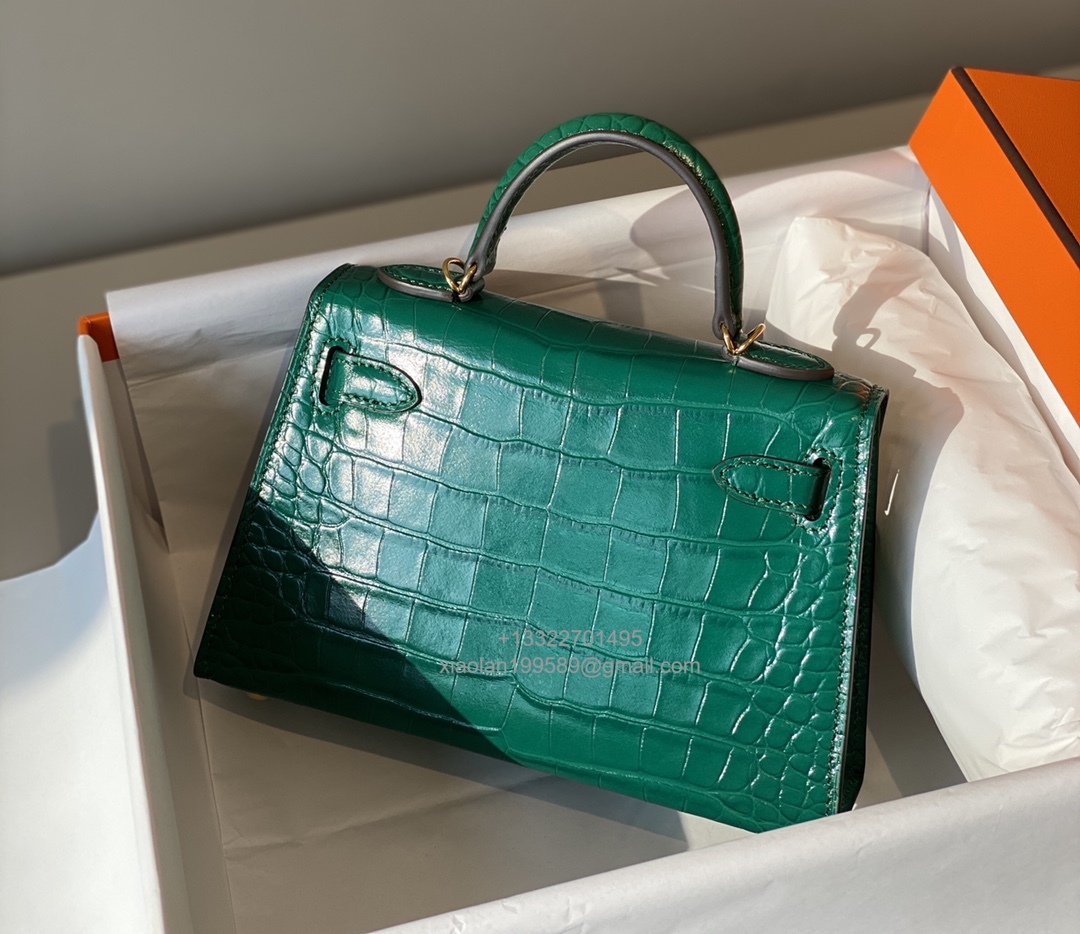 Hermès Mini Kelly in Crocodile Leather, Fully Handmade Premium Private Customization –Emerald Green - Jinteng Luxury Collection bags