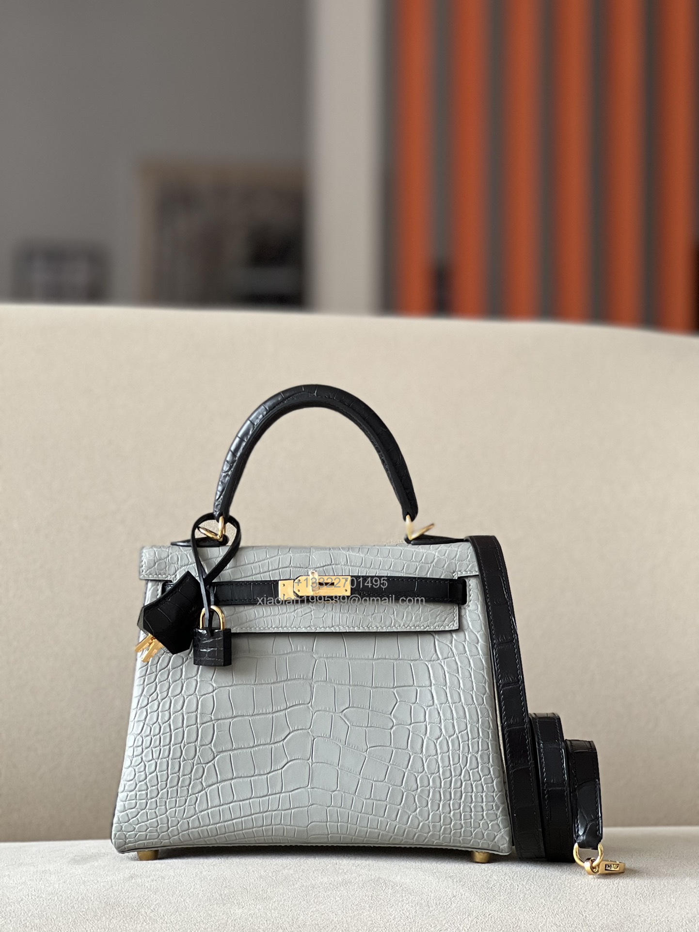 Hermès Kelly 25/28/32cm in Crocodile Leather, Fully Handmade Premium Private Customization-Pearl Grey/Black - Jinteng Luxury Collection bags