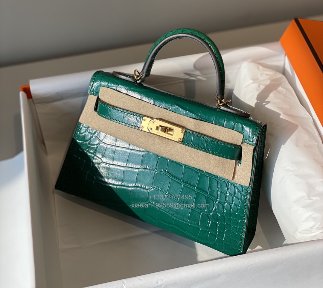 Hermès Mini Kelly in Crocodile Leather, Fully Handmade Premium Private Customization –Emerald Green - Jinteng Luxury Collection bags