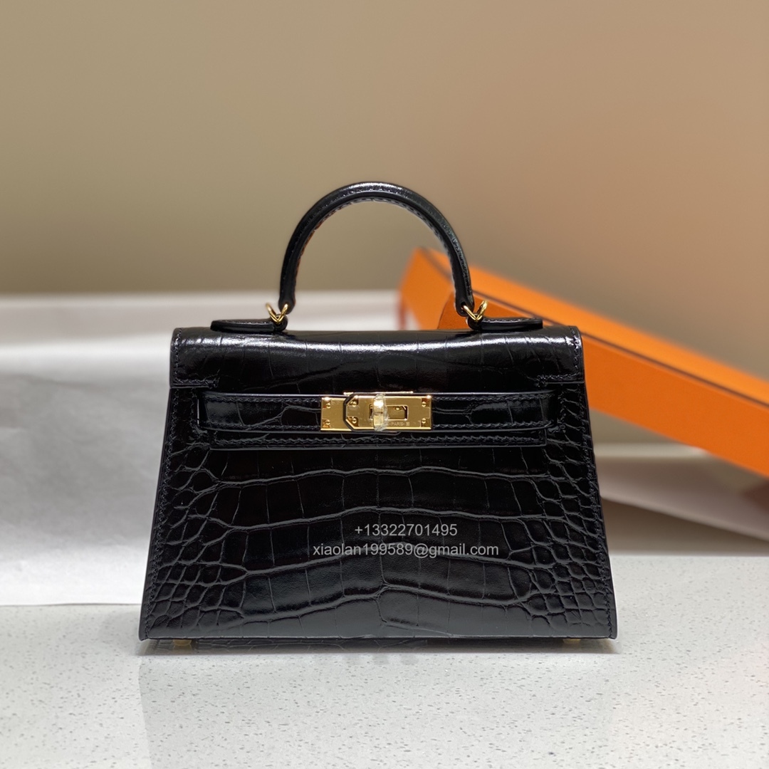 Hermès Mini Kelly in Crocodile Leather, Fully Handmade Premium Private Customization –Black - Jinteng Luxury Collection bags