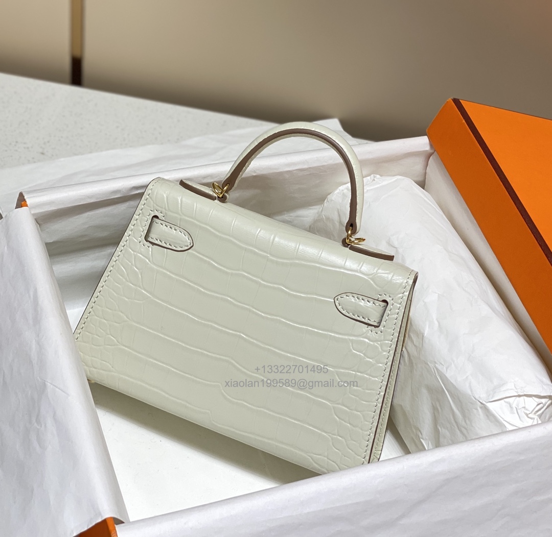 Hermès Mini Kelly in Crocodile Leather, Fully Handmade Premium Private Customization –Milkshake White - Jinteng Luxury Collection bags