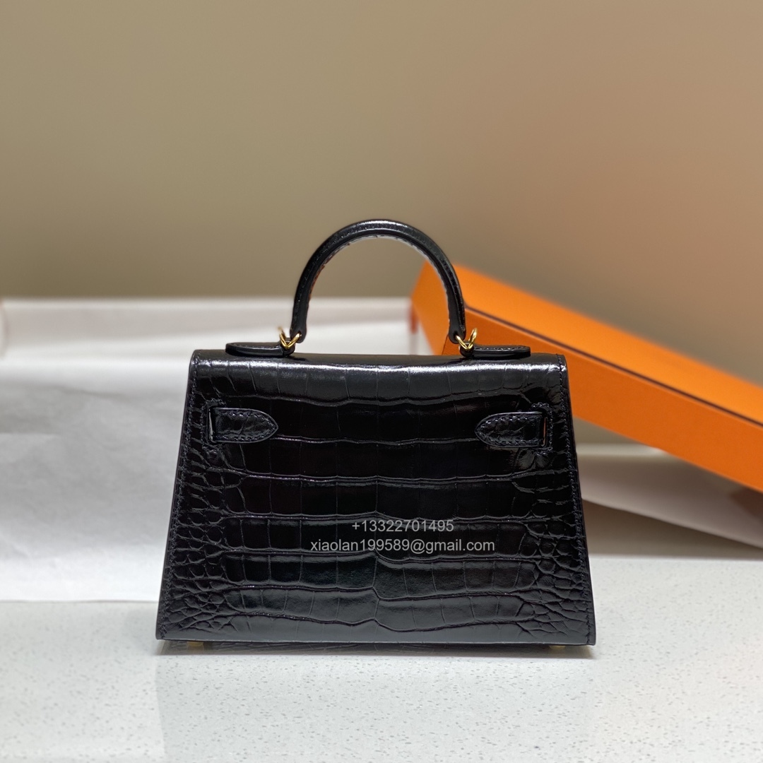 Hermès Mini Kelly in Crocodile Leather, Fully Handmade Premium Private Customization –Black - Jinteng Luxury Collection bags