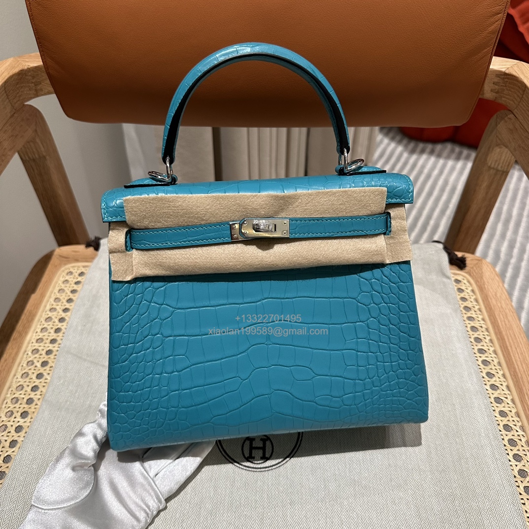 Hermès Kelly 25/28/32cm in Crocodile Leather, Fully Handmade Premium Private Customization-7F/Blue Paon - Jinteng Luxury Collection bags
