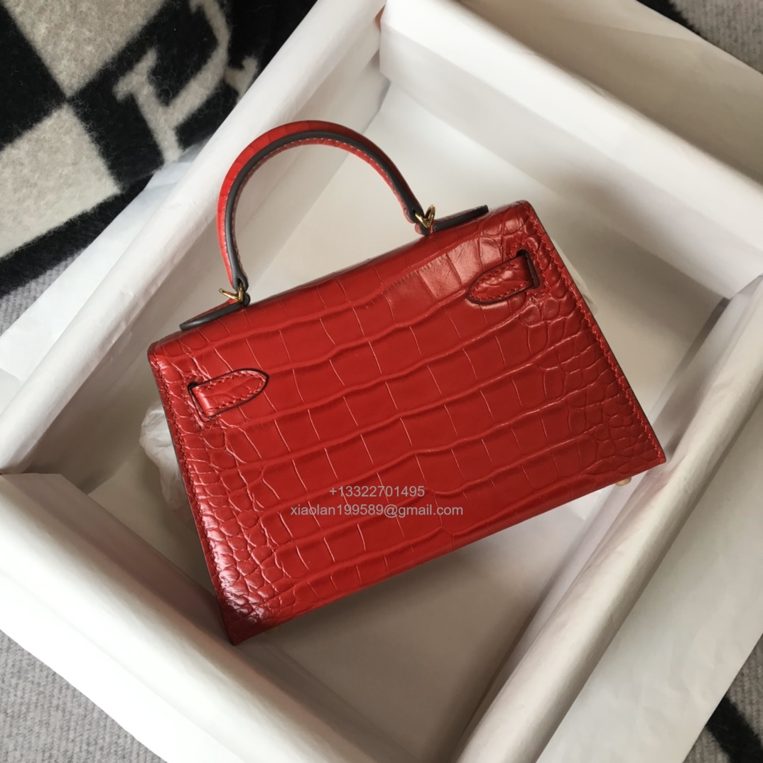 Hermès Mini Kelly in Crocodile Leather, Fully Handmade Premium Private Customization – Flag Red - Jinteng Luxury Collection bags