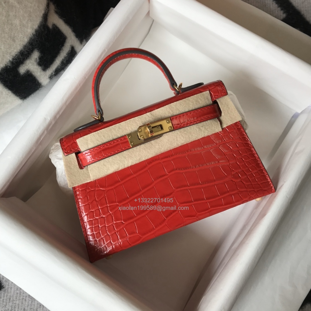 Hermès Mini Kelly in Crocodile Leather, Fully Handmade Premium Private Customization – Flag Red - Jinteng Luxury Collection bags