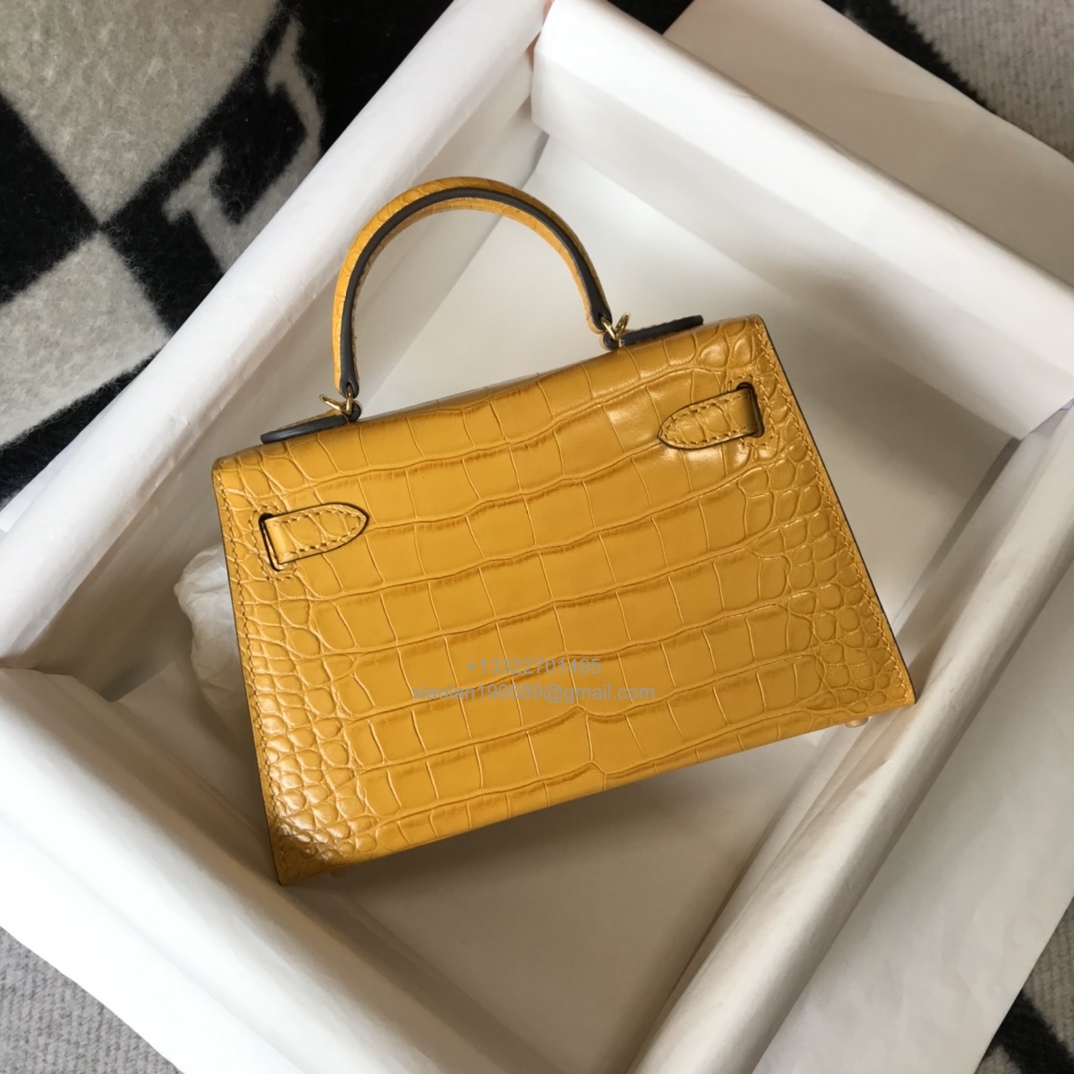 Hermès Mini Kelly in Crocodile Leather, Fully Handmade Premium Private Customization –Amber Yellow - Jinteng Luxury Collection bags