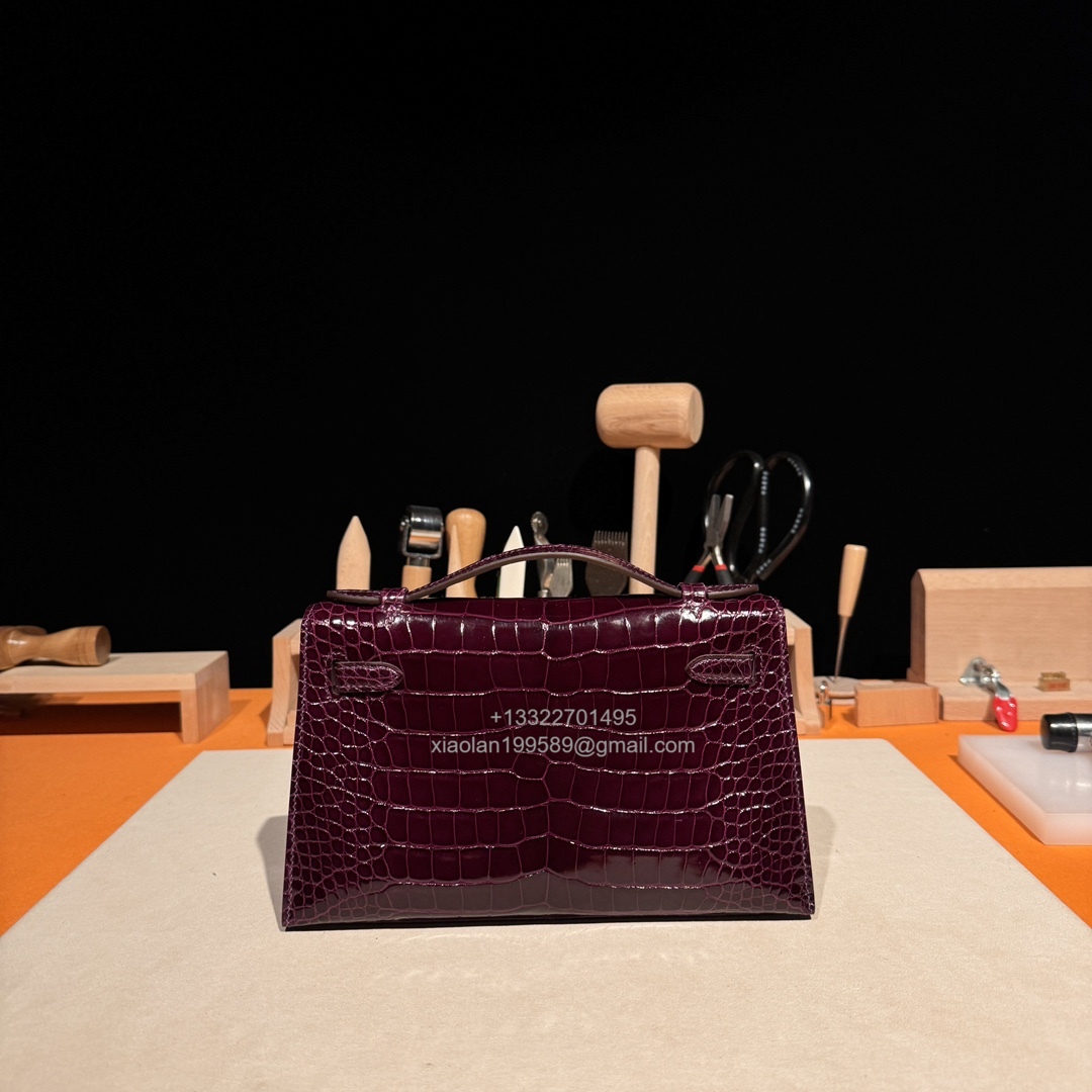 Hermès Kelly Pochette Clutch Bag Shiny Crocodile Leather, Fully Handmade Premium Customization – Gallon Purple - Jinteng Luxury Collection bags