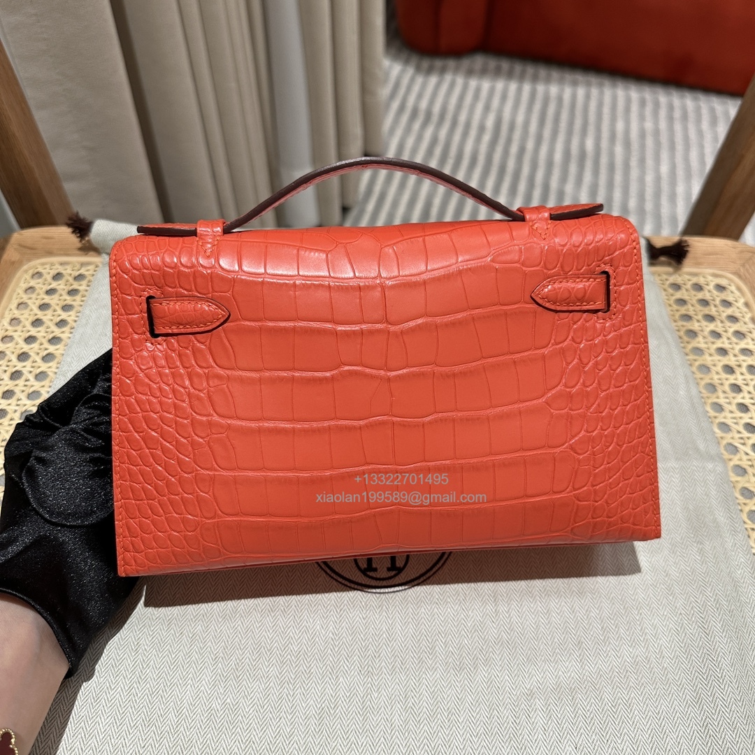 Hermès Kelly Pochette Clutch Bag Shiny Crocodile Leather, Fully Handmade Premium Customization – Orange - Jinteng Luxury Collection bags
