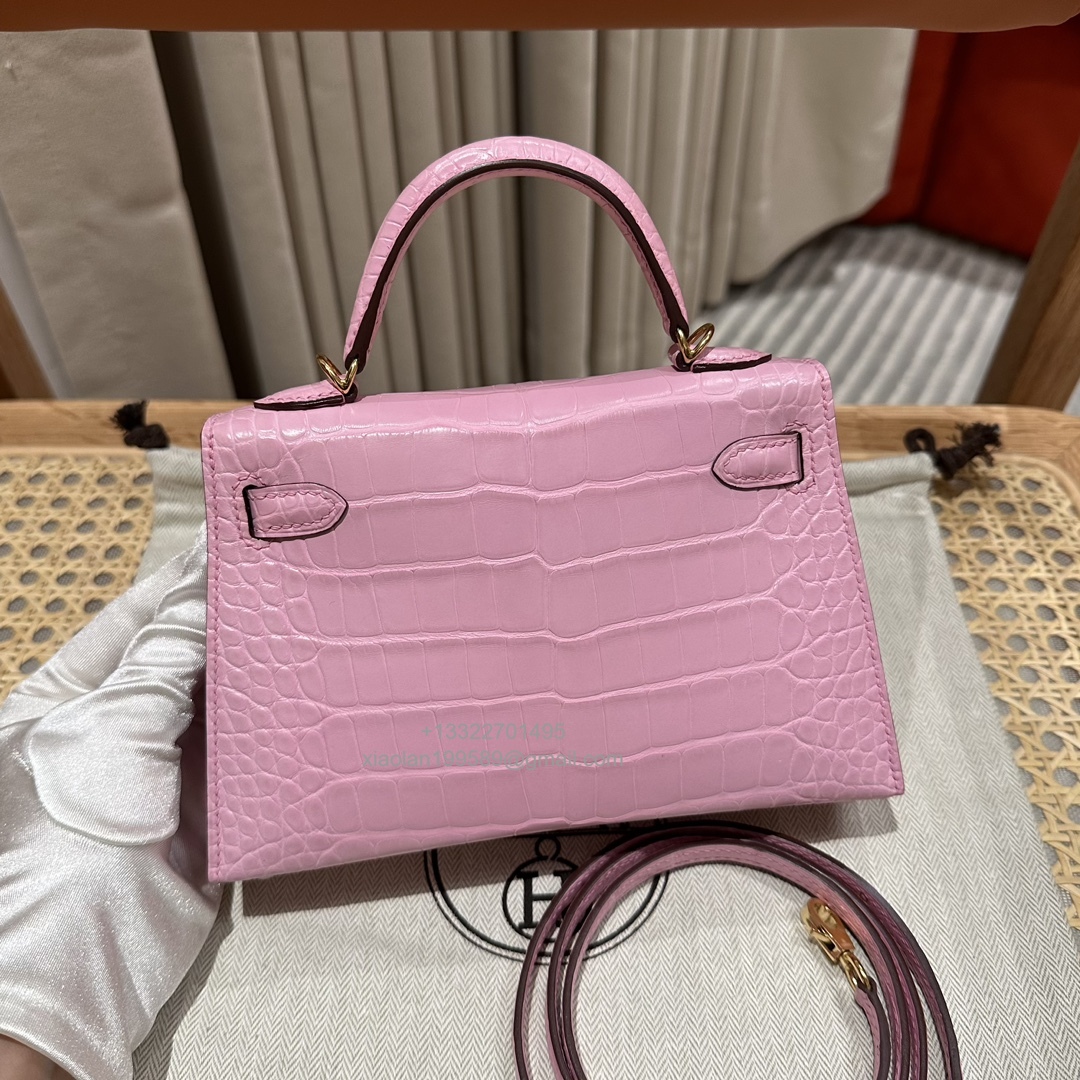 Hermès Mini Kelly in Crocodile Leather, Fully Handmade Premium Private Customization –Sakura Pink - Jinteng Luxury Collection bags