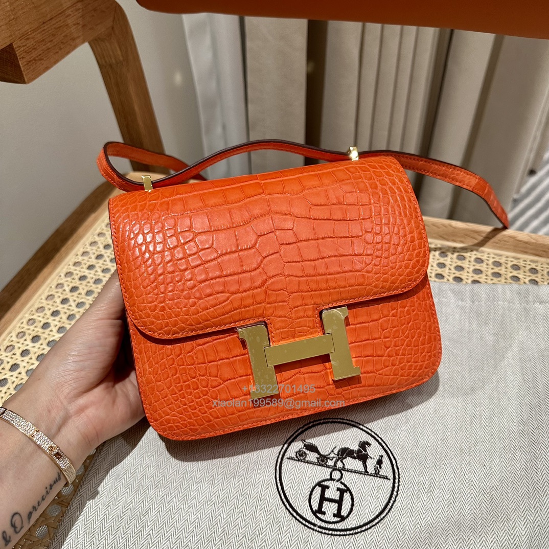 Hermès Constance 18/24cm in Crocodile Leather, Premium Handmade Customization-Orange - Jinteng Luxury Collection bags