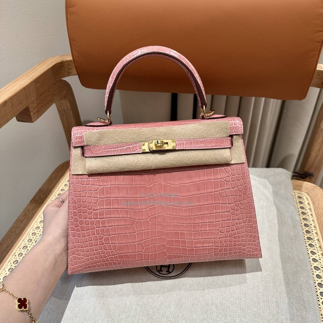 Hermès Kelly 25/28/32cm in Crocodile Leather, Fully Handmade Premium Private Customization-Milkshake Pink - Jinteng Luxury Collection bags