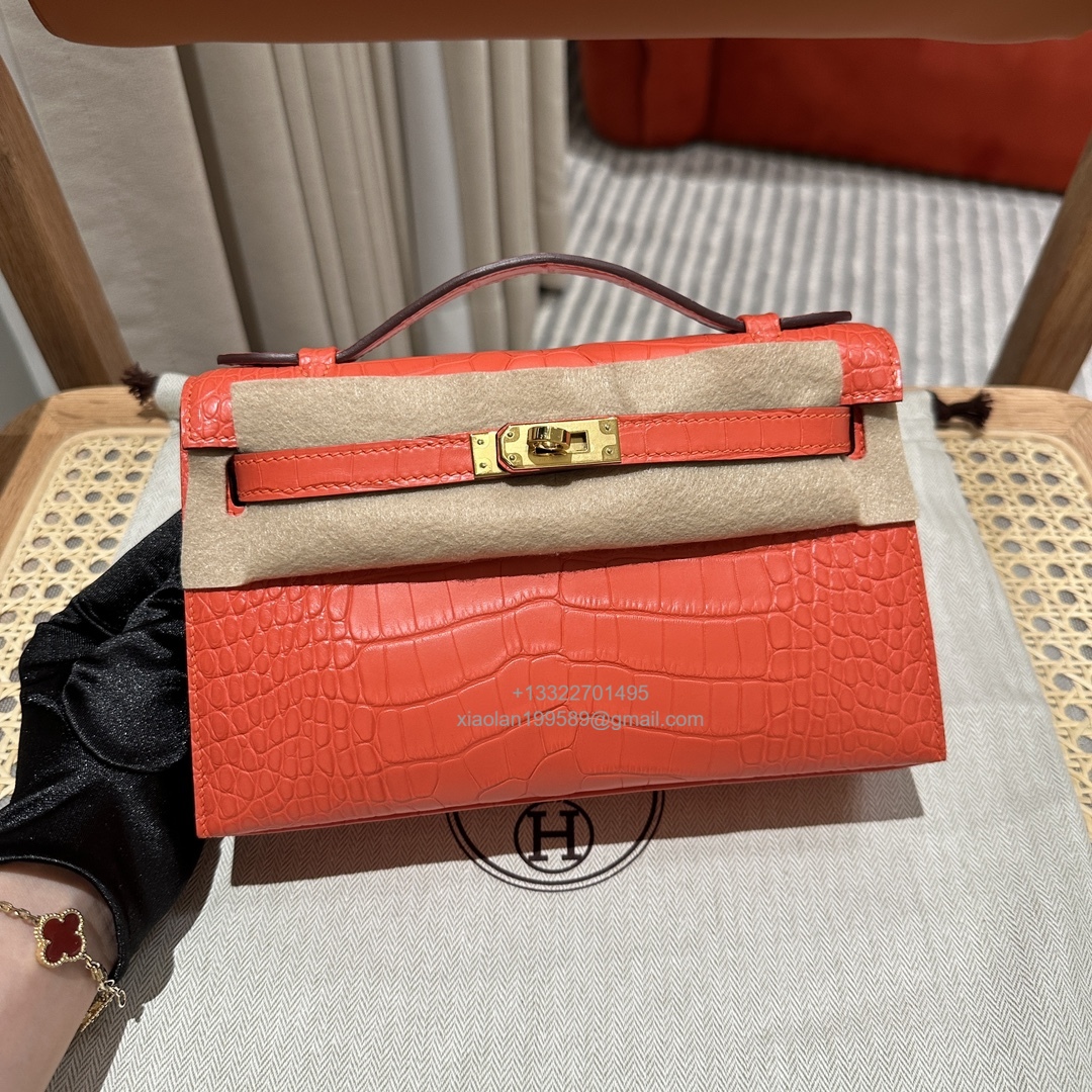 Hermès Kelly Pochette Clutch Bag Shiny Crocodile Leather, Fully Handmade Premium Customization – Orange - Jinteng Luxury Collection bags