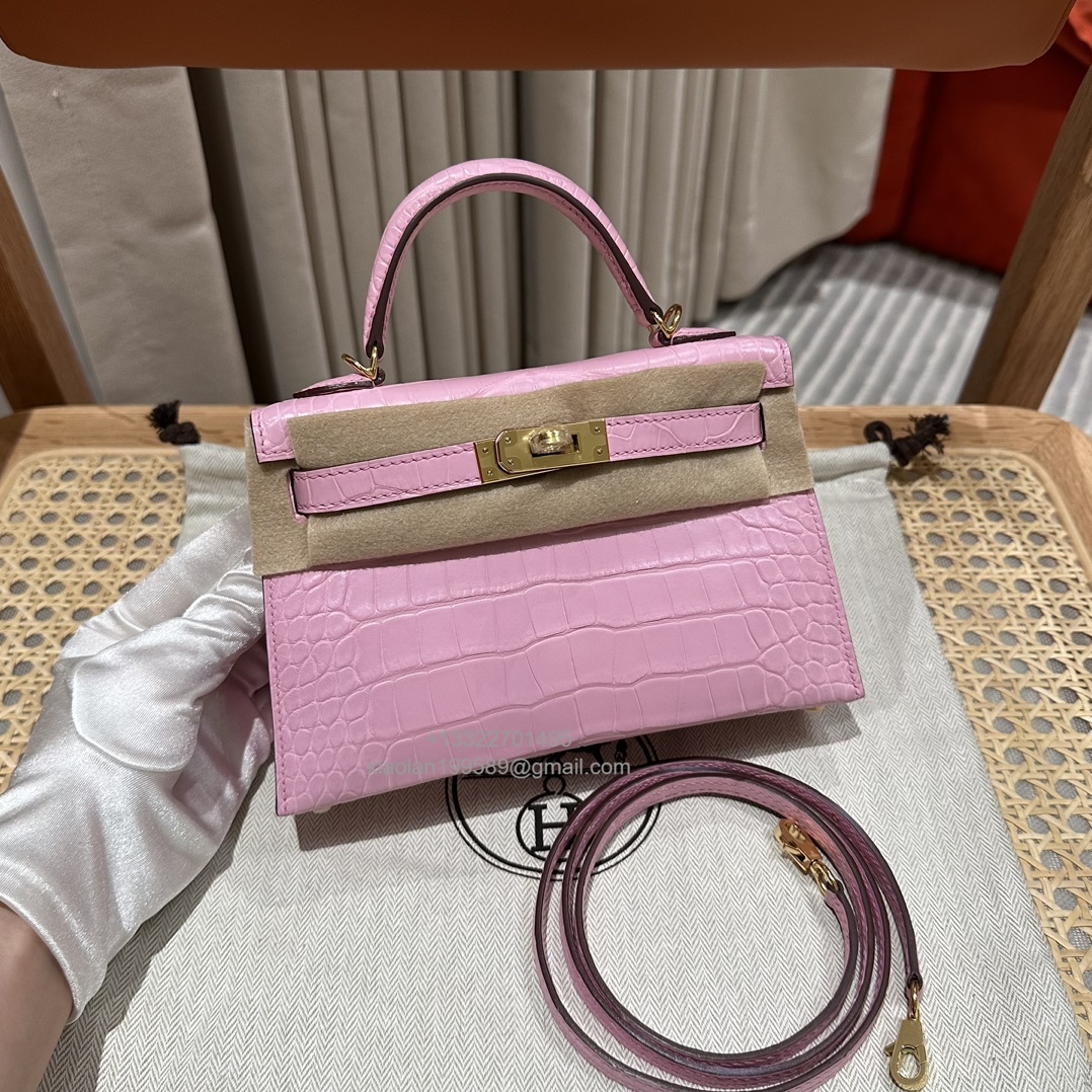Hermès Mini Kelly in Crocodile Leather, Fully Handmade Premium Private Customization –Sakura Pink - Jinteng Luxury Collection bags