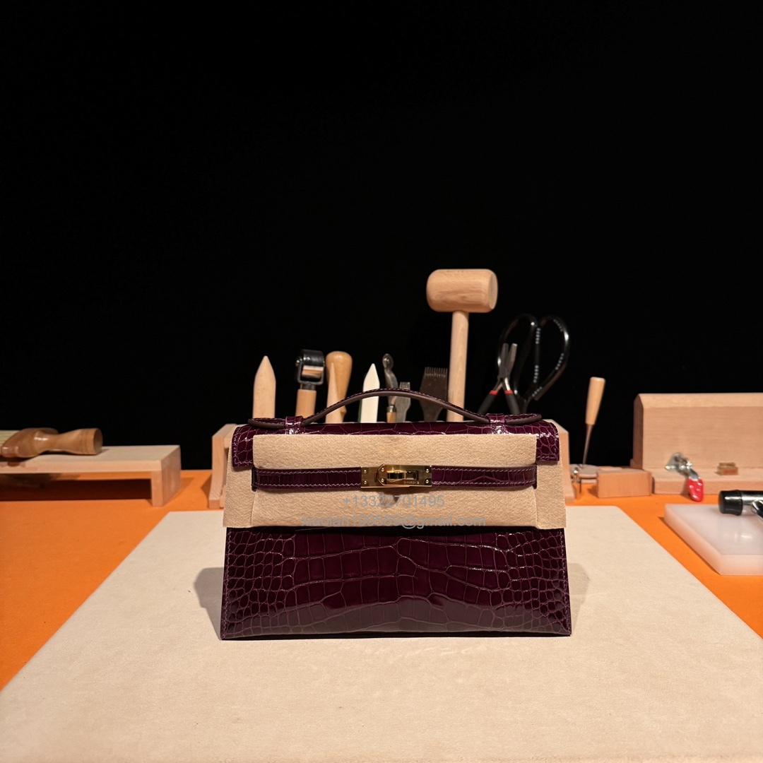 Hermès Kelly Pochette Clutch Bag Shiny Crocodile Leather, Fully Handmade Premium Customization – Gallon Purple - Jinteng Luxury Collection bags