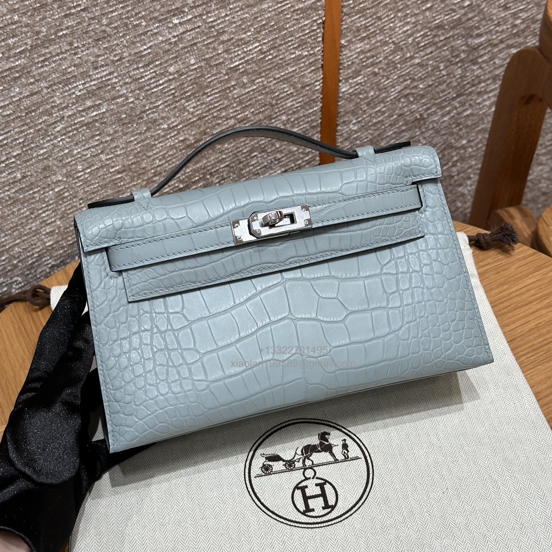 Hermès Kelly Pochette Clutch Bag Shiny Crocodile Leather, Fully Handmade Premium Customization – Linen Blue - Jinteng Luxury Collection bags