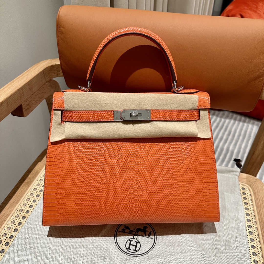 Hermès Kelly – Imported French lizard leather originally from South Africa, 18K gold-plated hardware, premium fully handcrafted exclusive custom-made! Orange - Jinteng Luxury Collection bags