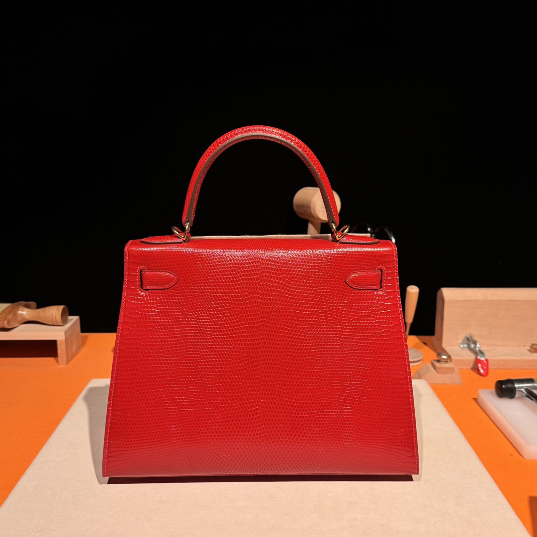 Hermès Kelly – Imported French lizard leather originally from South Africa, 18K gold-plated hardware, premium fully handcrafted exclusive custom-made!Ferrari Red - Jinteng Luxury Collection bags