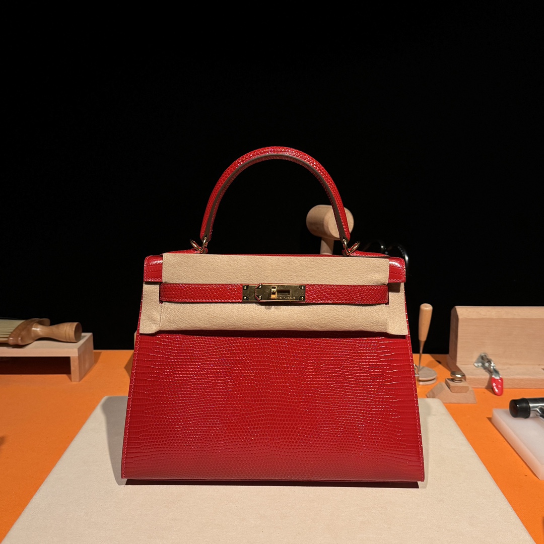Hermès Kelly – Imported French lizard leather originally from South Africa, 18K gold-plated hardware, premium fully handcrafted exclusive custom-made!Ferrari Red - Jinteng Luxury Collection bags