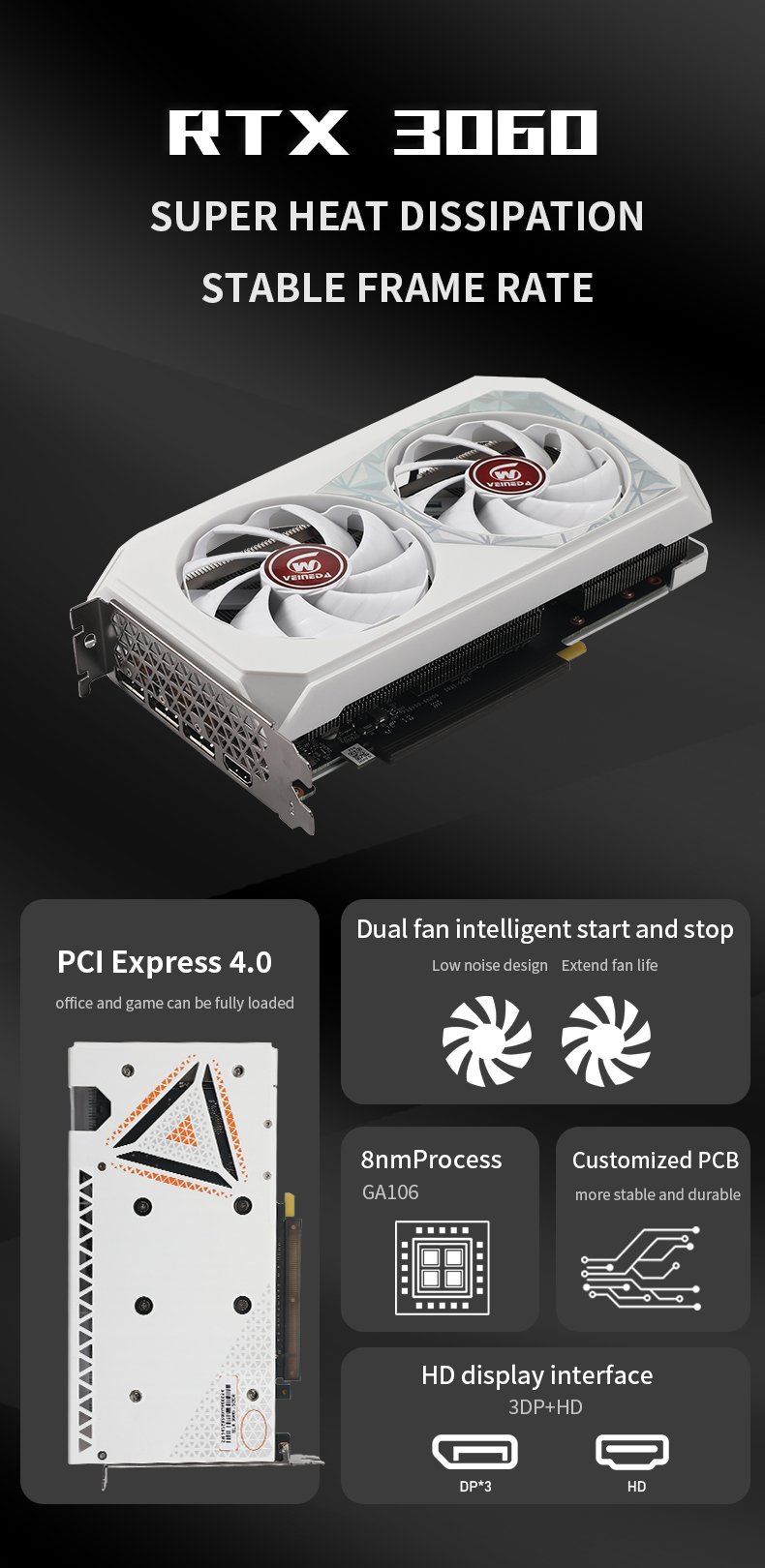 VEINEDA Graphics Card rtx 3060 12GB 8pin GDDR6 1875mhz  GPU Computer PC RTX3060 192bit  PC  Gaming  Video Card