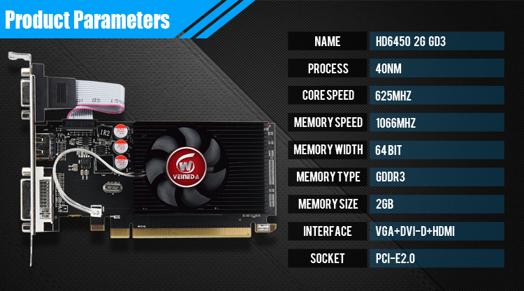 Veineda Graphics Cards  GPU HD6450 2GB DDR3 64Bit  VGA Video Cards PCI Express For ATI Radeon PC Gaming