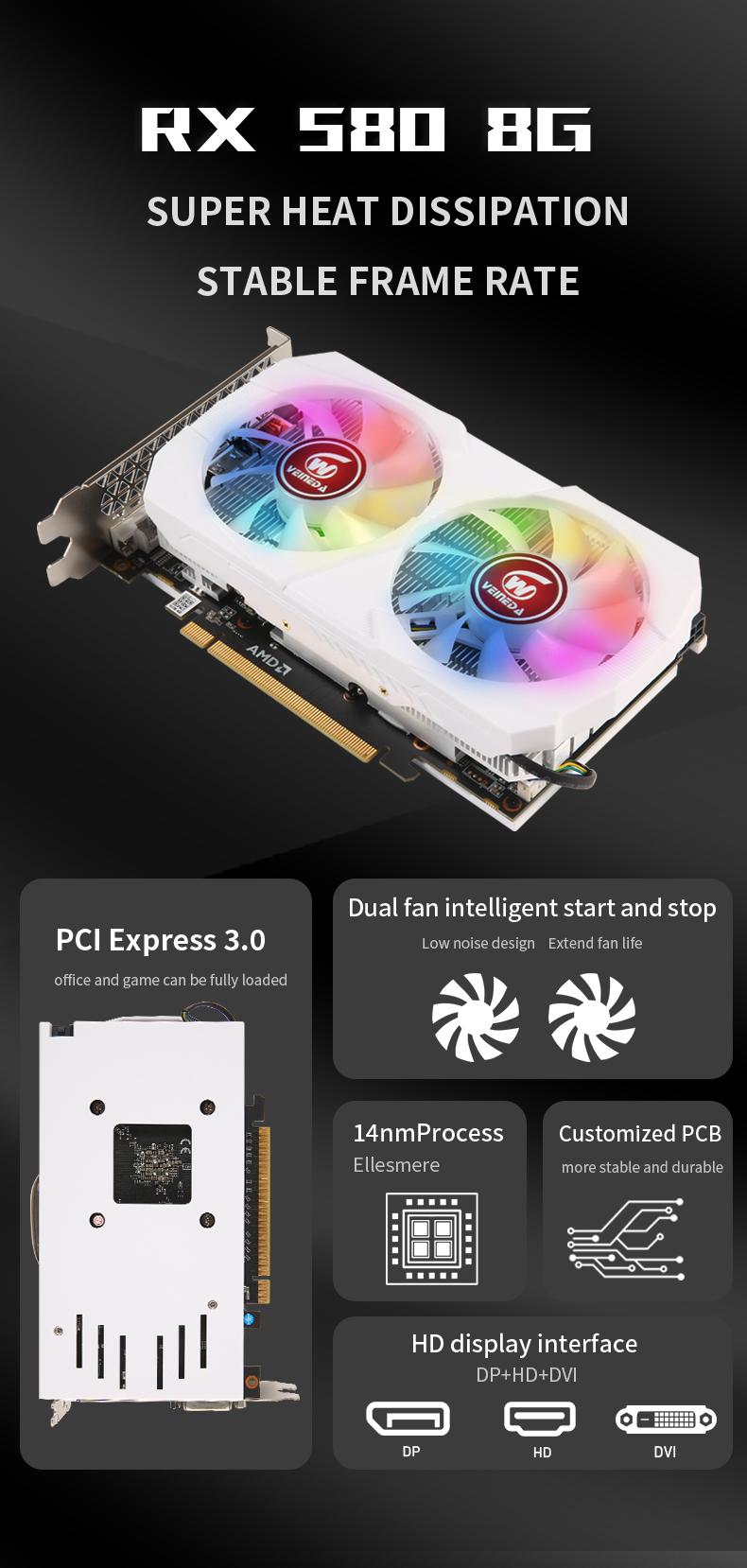 Veineda Graphics Cards RX580 8GB DDR5 GPU rx 580 8GB PC Gaming Video Card Desktop Game Video Card for AMD Radeon