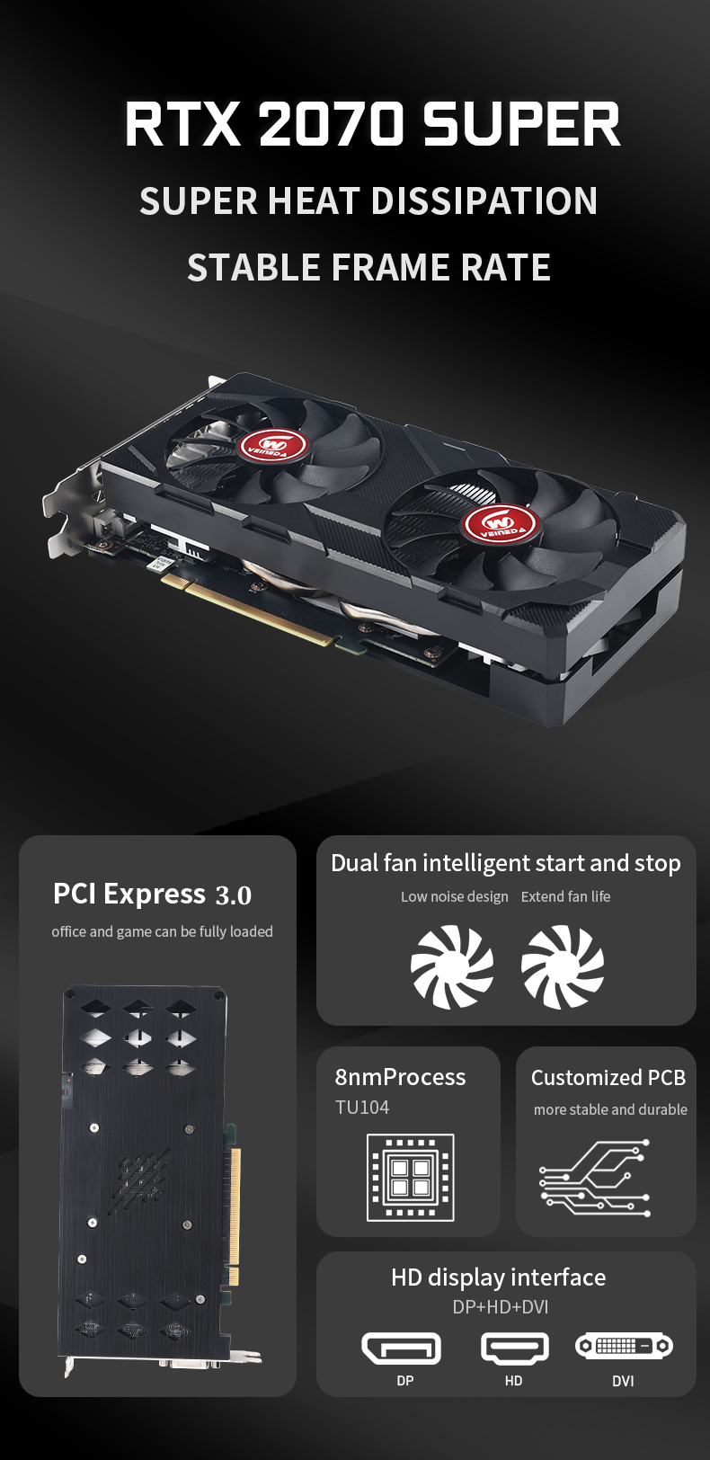 VEINEDA Graphics Card RTX2070 Super 8GB GDDR6 256Bit PCI Express 3.0x16 1605MHz 2176units rtx 2070 super Gaming 8G Video Card