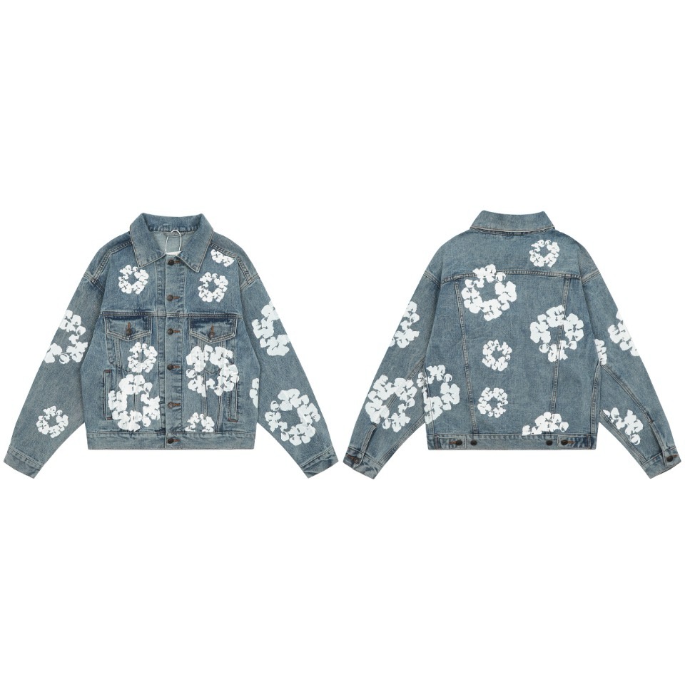 Kapok jacket puff print high version washing blue color