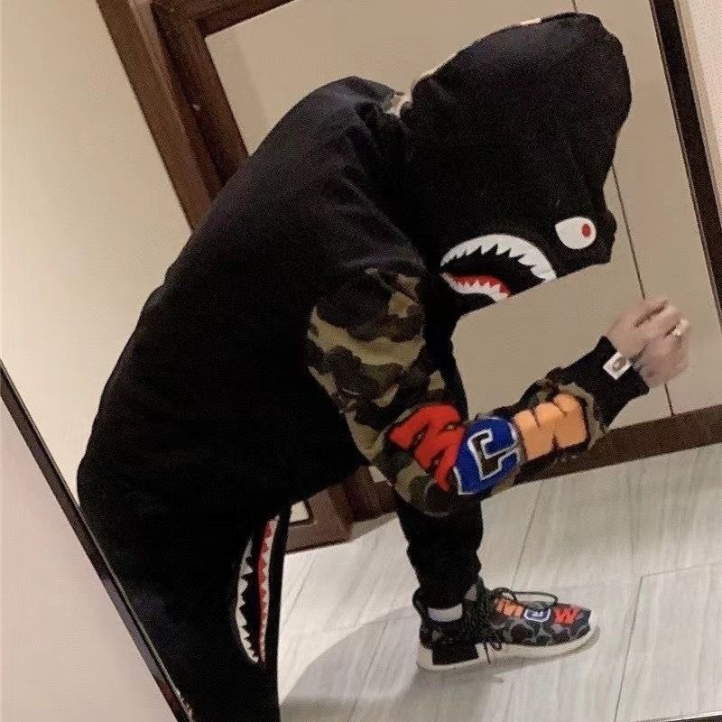 Double sided colors shark face zip up hoodie