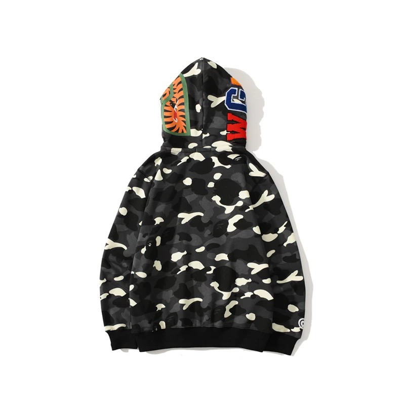 Luminous camo shark face embroidery zip up double hood hoodie