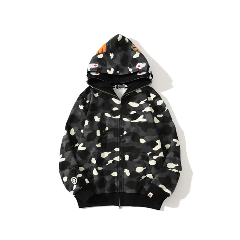 Luminous camo shark face embroidery zip up double hood hoodie
