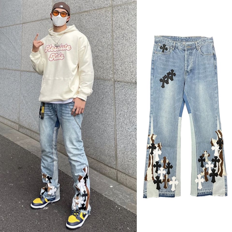 embroidered vintage micro-flared pants