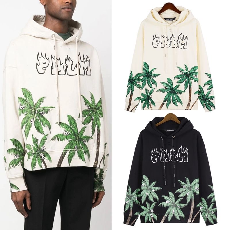 Flame Design Letters Coconut trees Skull Hoodie 2 Colors