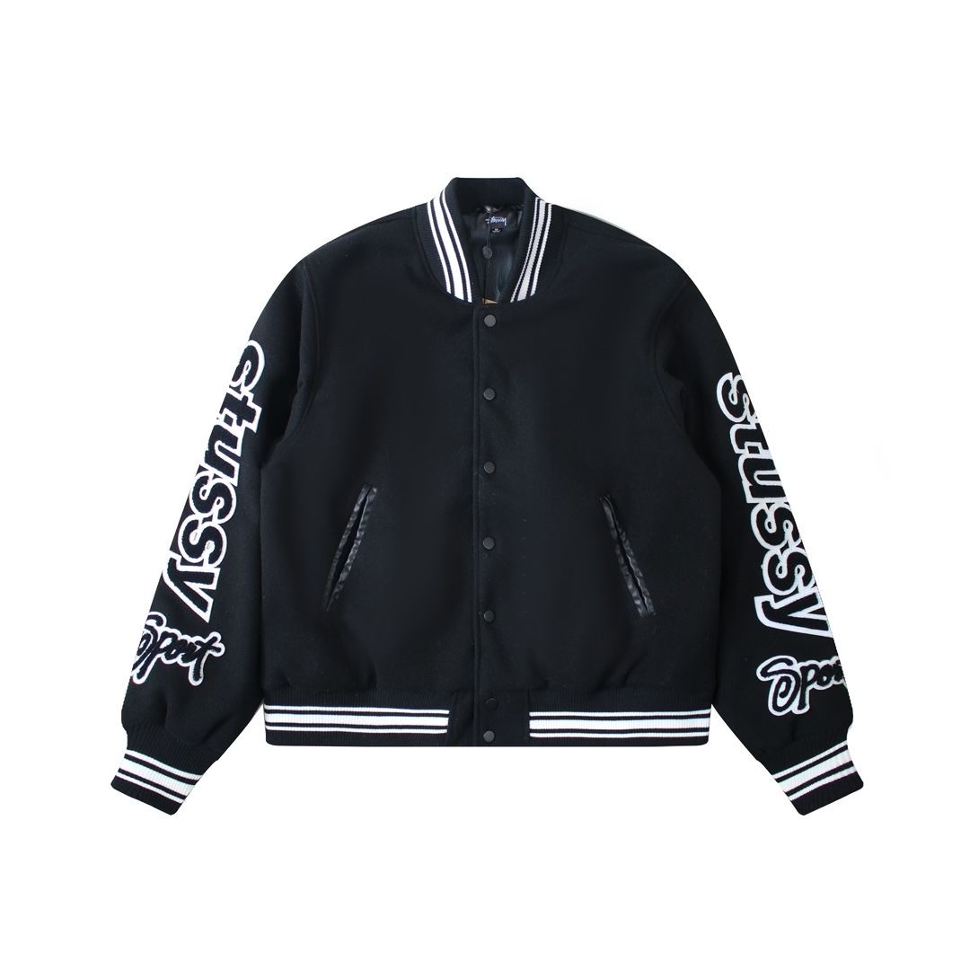Fleece Side Letters Baseball Jacket Black Color( need one size up）