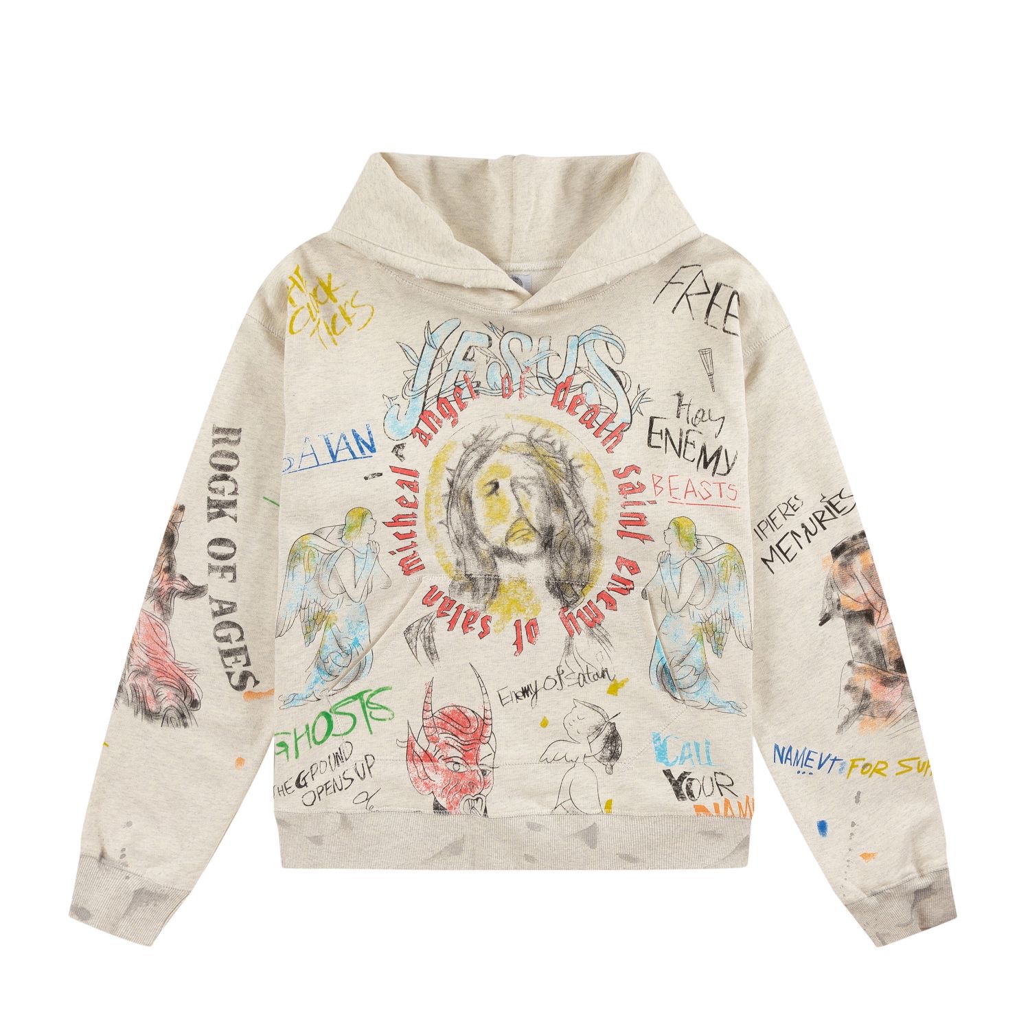 Full Print and Letters Hoodie Beige Color