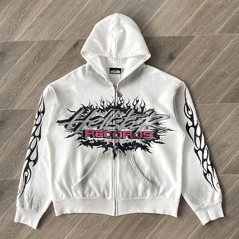 Hellstar Washed Design Zipper Hoodie White Color