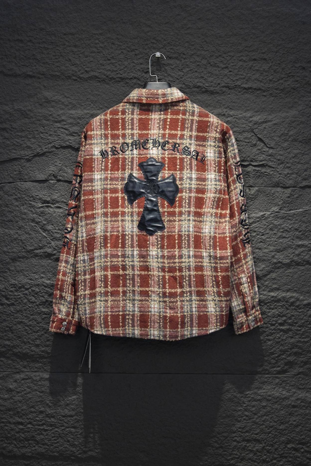 Chrome Heart Checker Shirt Jacket Leather Cross Red Color