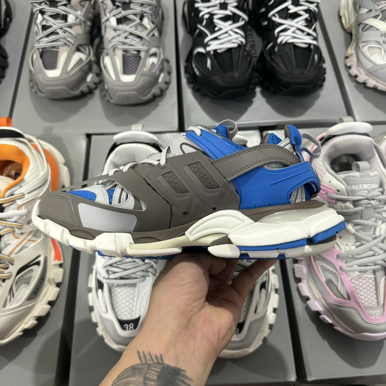 LED 1:1 Best Quality Balenciaga Track Shoes Dark Grey & Blue