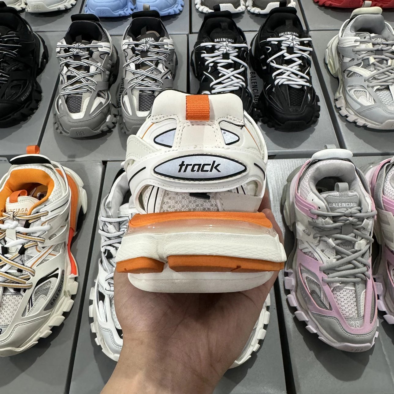 LED 1:1 Best Quality Balenciaga Track Shoes Orange & White