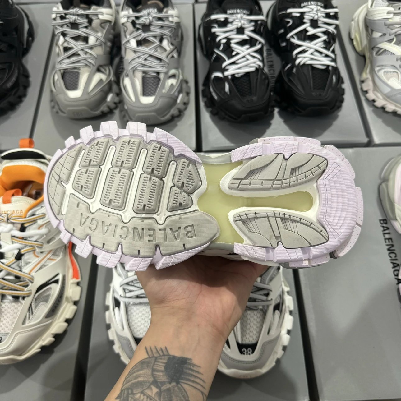 LED 1:1 Best Quality Balenciaga Track Shoes Pink & Grey