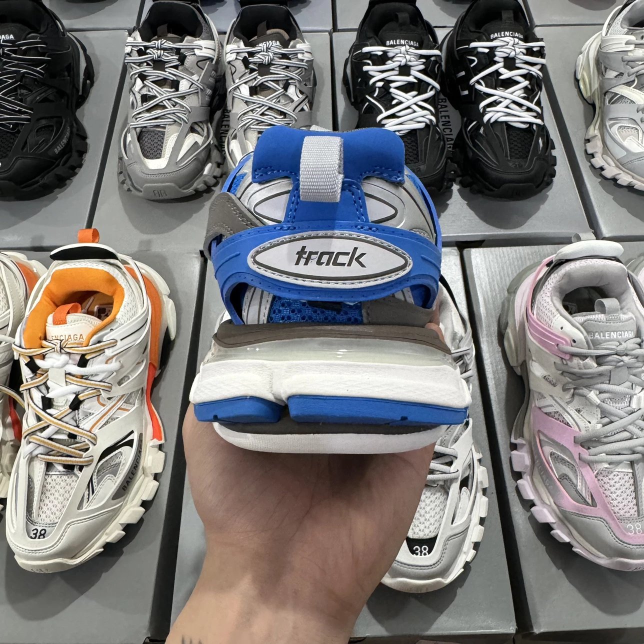 LED 1:1 Best Quality Balenciaga Track Shoes Dark Grey & Blue