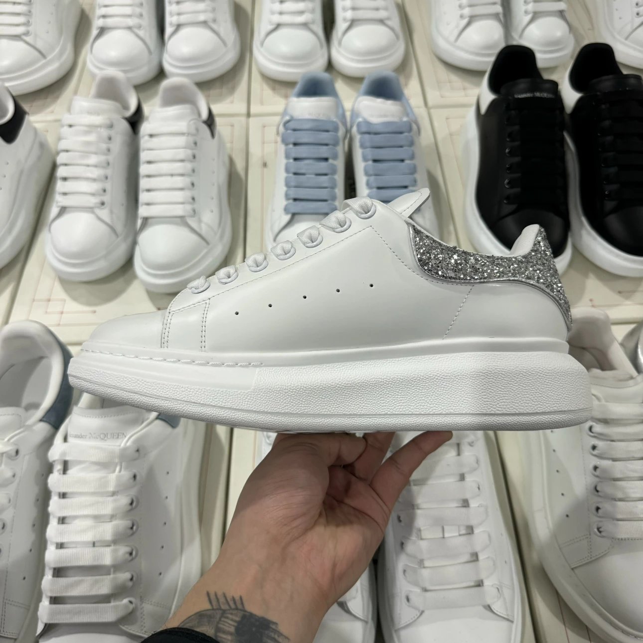 Alexander McQueen white and sliver glisten shoes