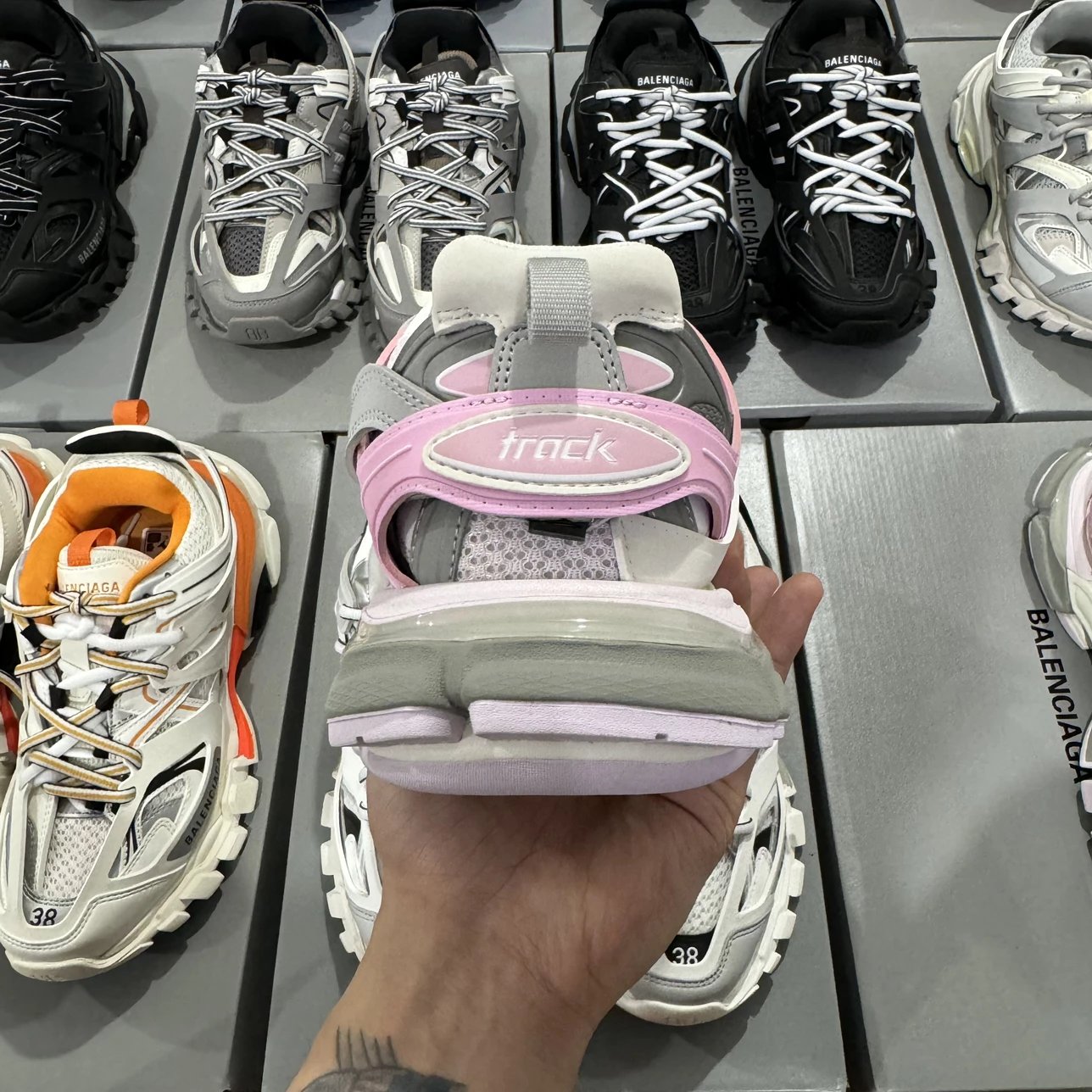 LED 1:1 Best Quality Balenciaga Track Shoes Pink & Grey