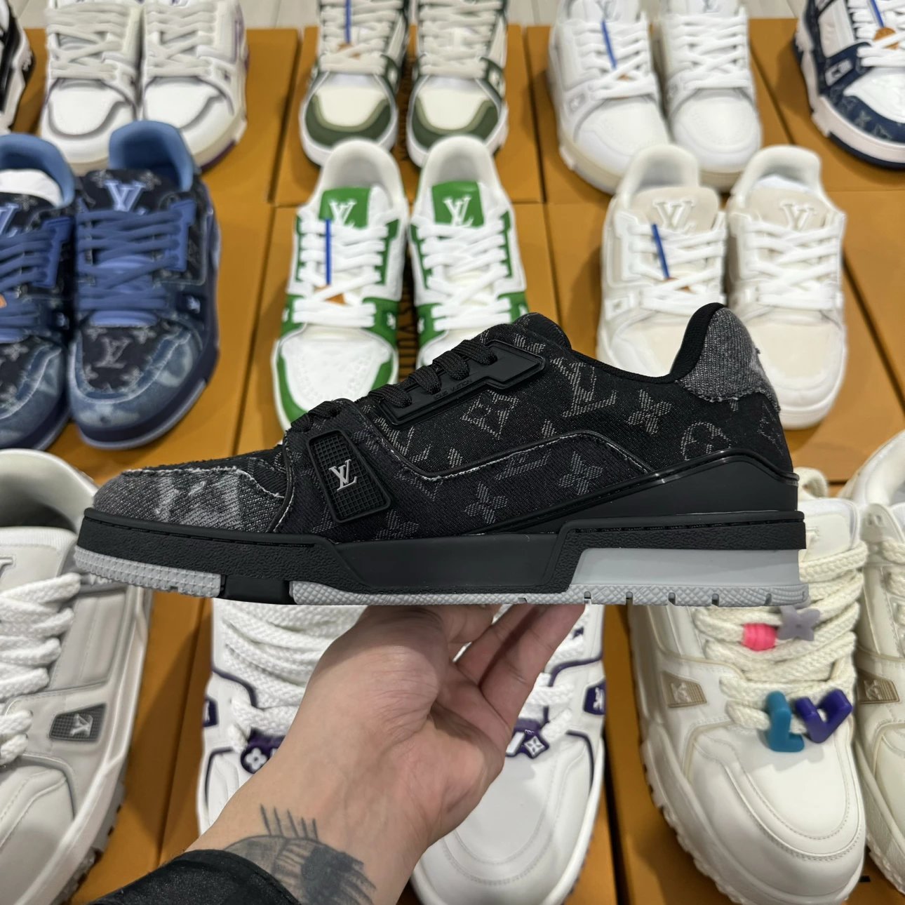 LV Trainer Full Print Logo Denim Black