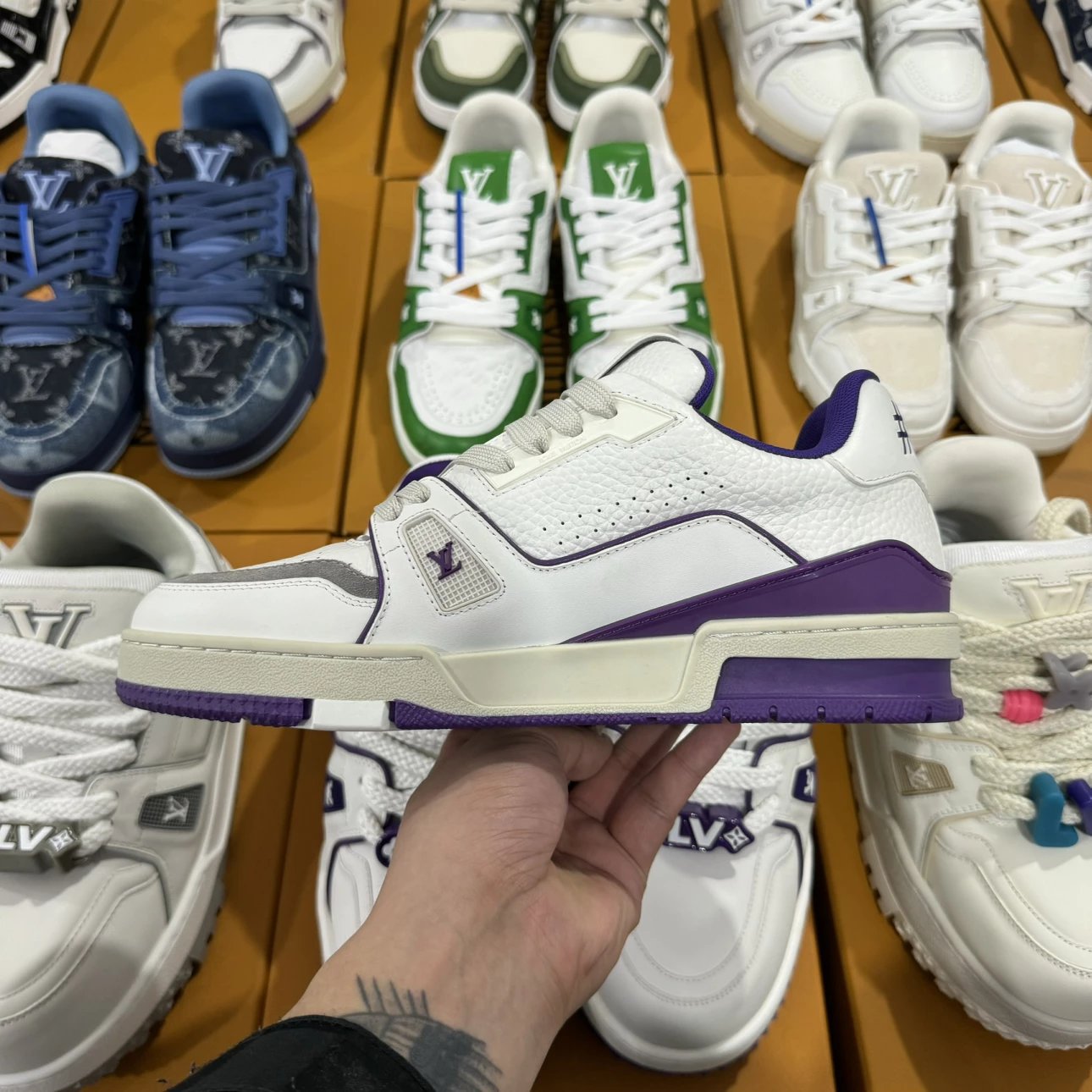 LV Full Letters Logo Trainer Shoes Purple & White
