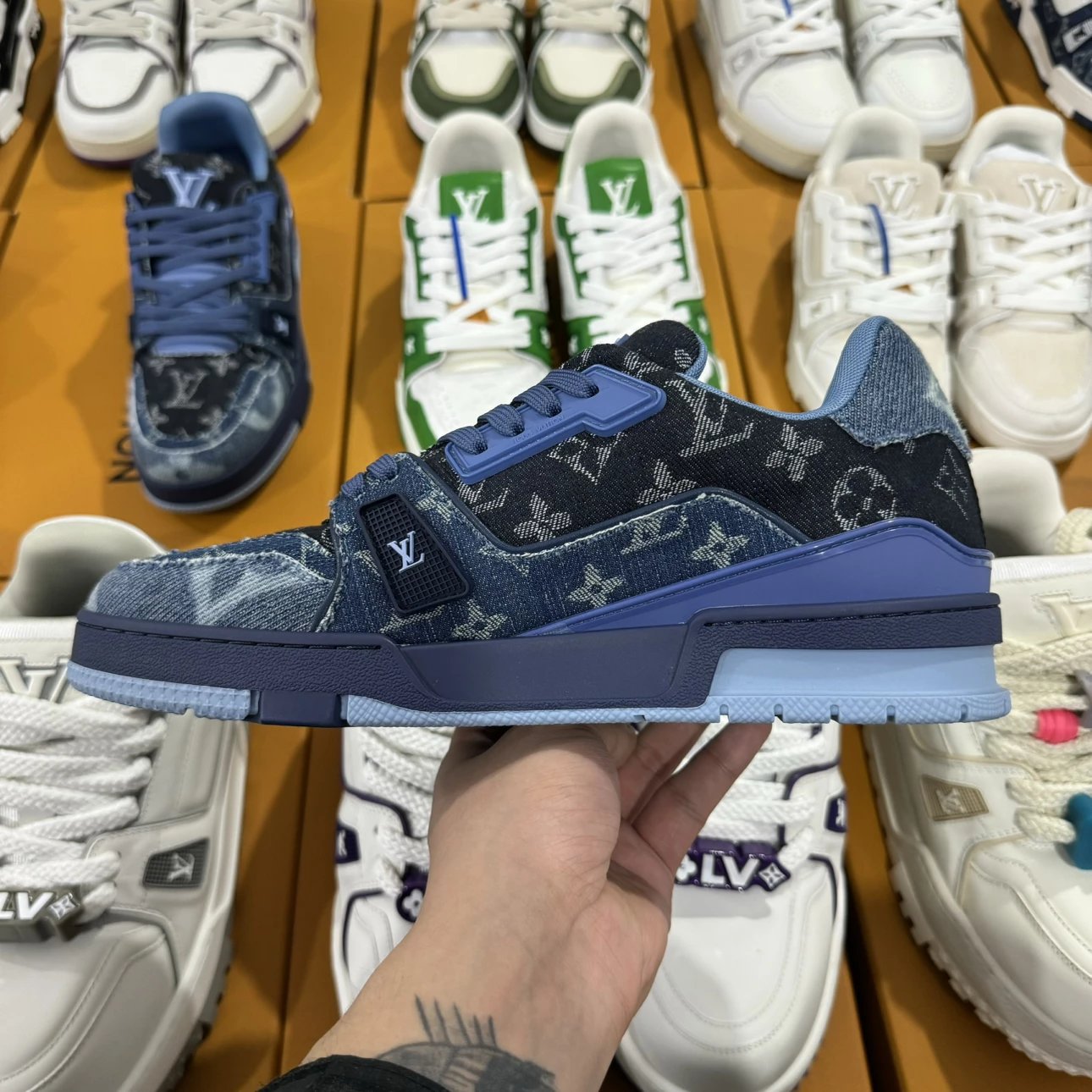 LV Trainer Full Print Logo Denim Blue