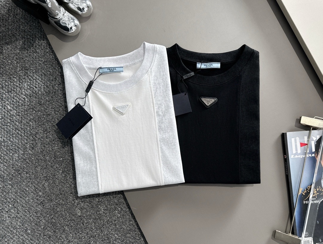 Prada fabric patchwork black and white tee