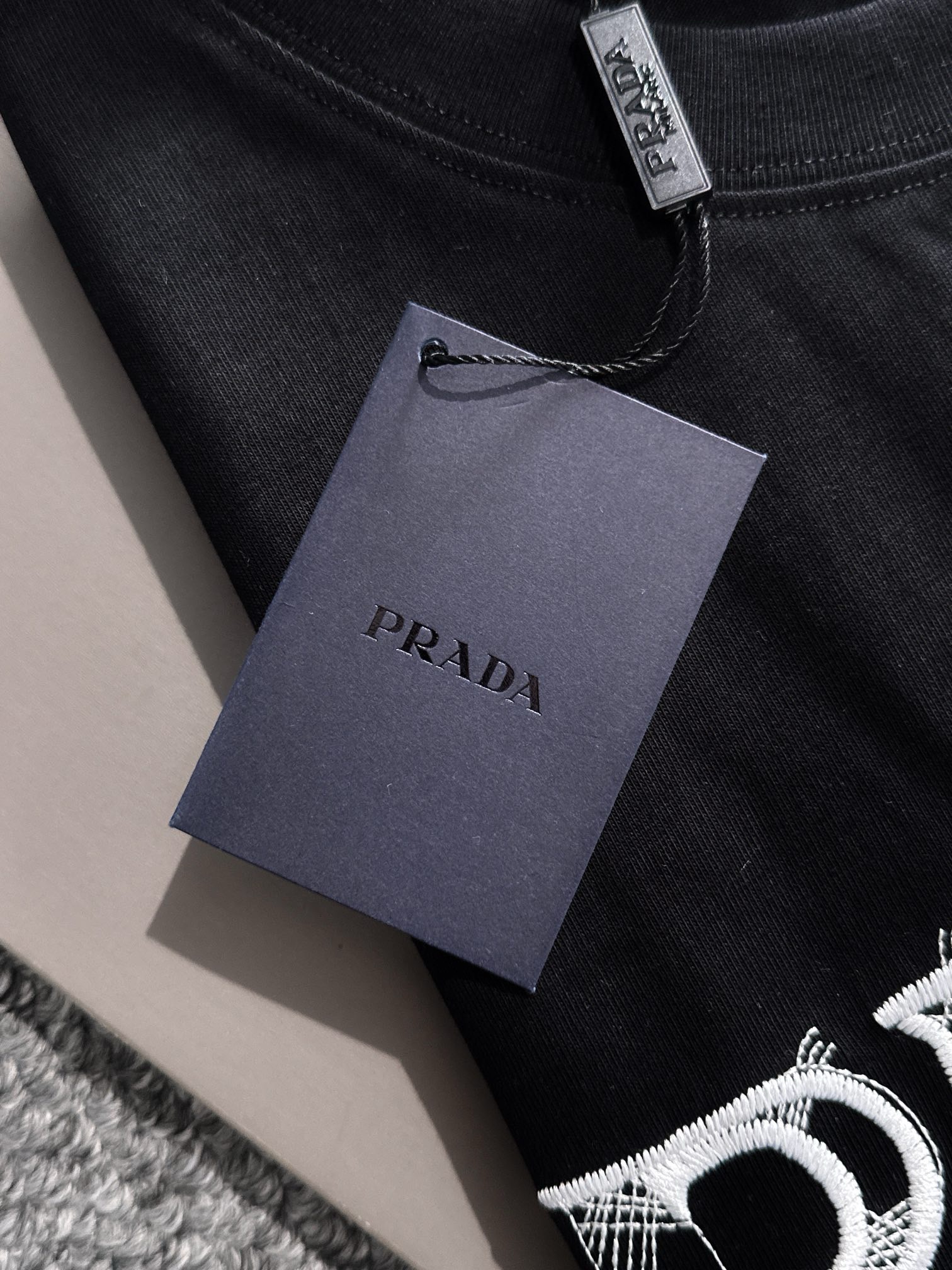Prada logo embroidery black and white tee
