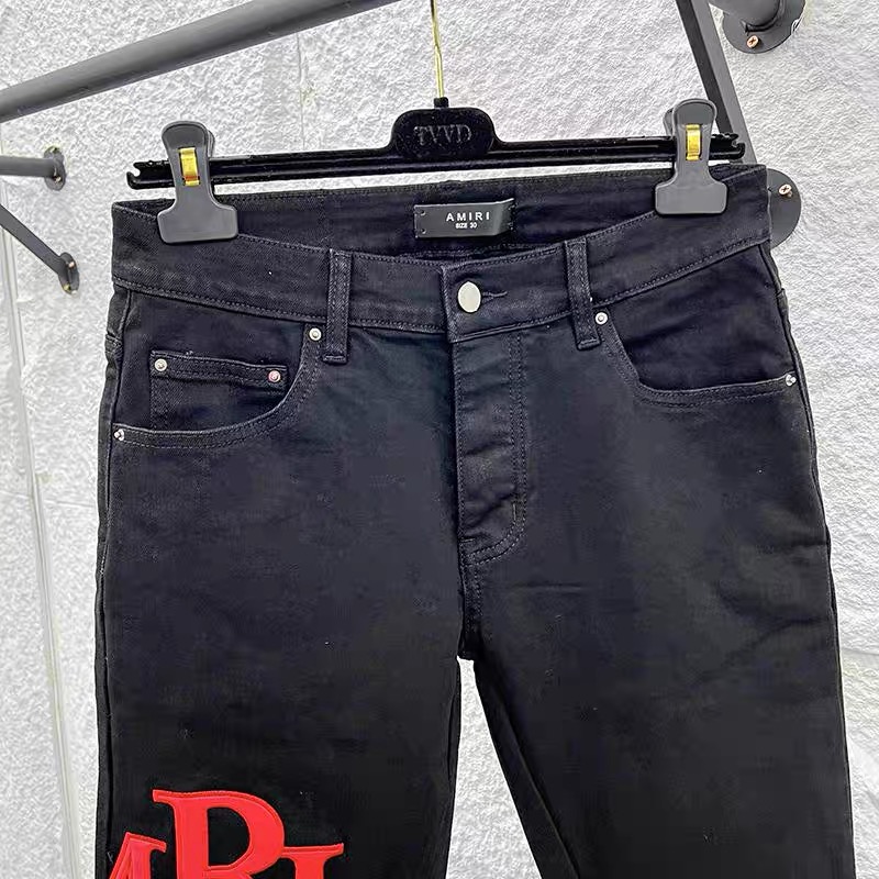 amiri balck and red logo jeans