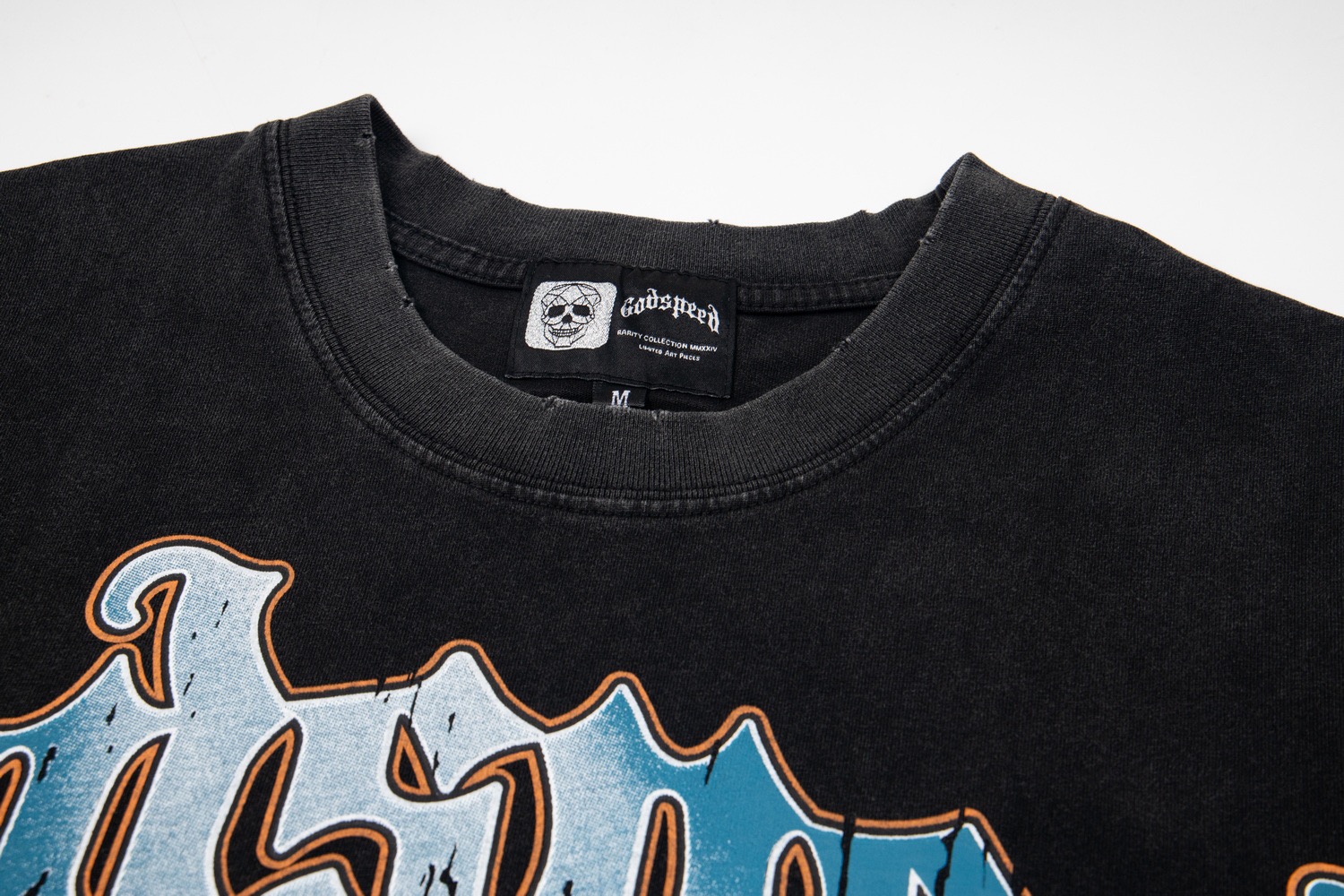 godspeed 25SS washed black blue white letters tee