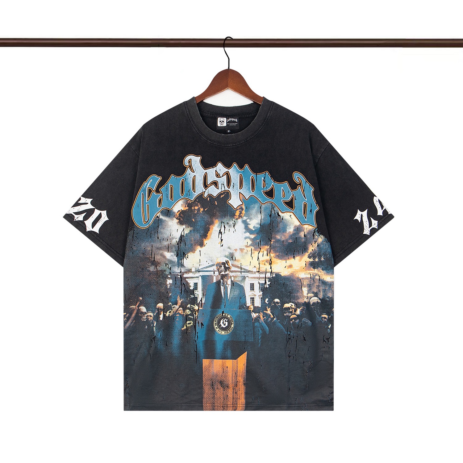 godspeed 25SS washed black blue white letters tee